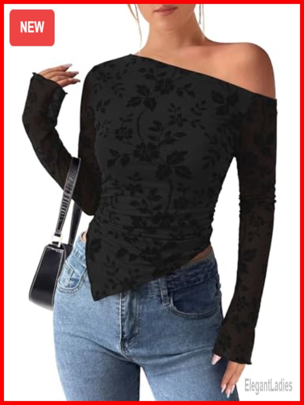 Womens Off Shoulder Mesh Long Sleeve Blouse Asymmetrical Ruched Top